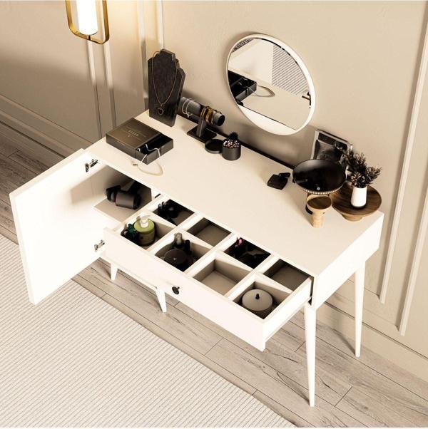 Mezza 2240 Love Aynalı (Ahşap Ayaklı) Mdf Profil Çerçeveli Çekmeceli - Kapaklı 120 cm Makyaj Masası Beyaz - Image 1
