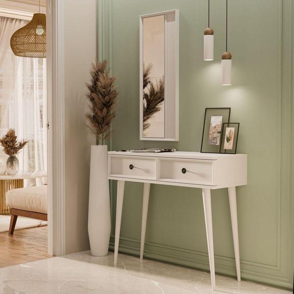 Mezza 6020 Luna (Ahşap Ayaklı) Mdf Profil Çerçeveli 2 Çekmeceli Aynalı Dresuar Beyaz - Image 1