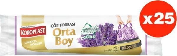 Koroplast Ekstra Güçlü Lavanta Büzgülü Orta Boy 15Li Çöp Torbası X 25 Paket (55*60 Cm) - Image 1