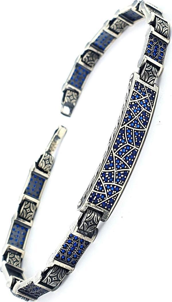Lacivert zirkon Taşlı 925ayar Gümüş El İşi Tasarım Erkek Bileklik Özel Seri - Image 1