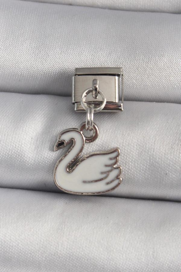316L Çelik Gümüş Renk Sallantı Beyaz Kuğu Model Nomination Charm - TJ-BC1160 - Image 1