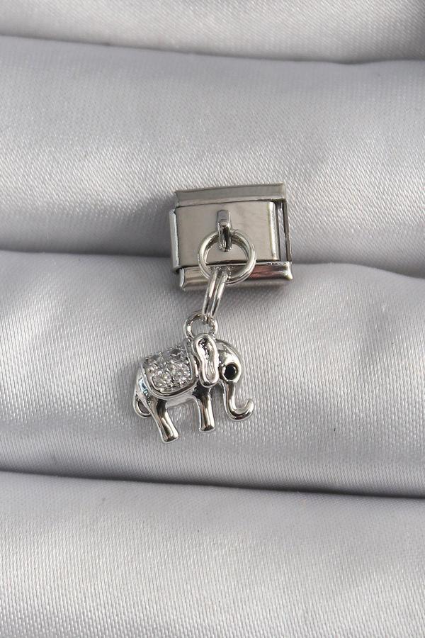 316L Çelik Gümüş Renk Sallantı Zirkon Taşlı Fil Model Nomination Charm - TJ-BC1144 - Image 1