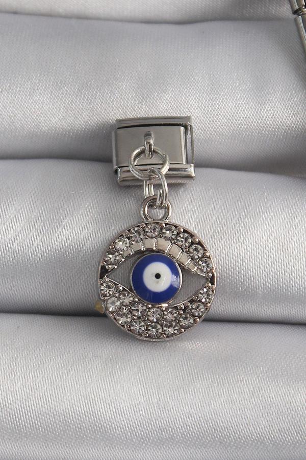 316L Çelik Gümüş Renk Sallantı Zirkon Taşlı Göz Model Nazar Boncuk Detay Nomination Charm - TJ-BC112 - Image 1