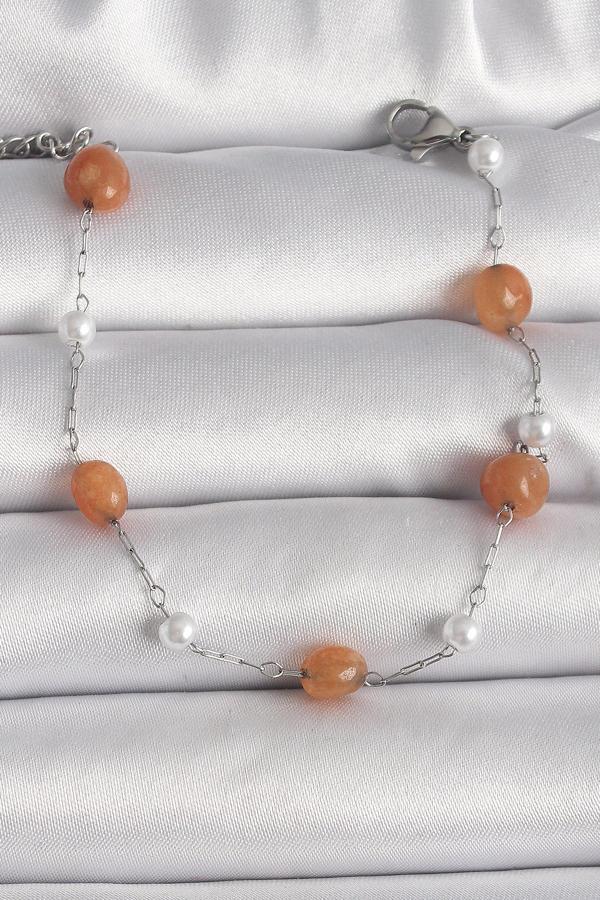 316L Çelik Gümüş Renk Turuncu Doğaltaş Model İnci Detay Kadın Bileklik - TJ-BB6602 - Image 1