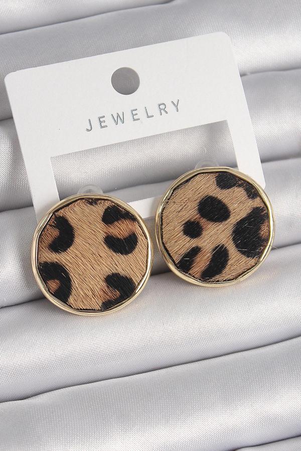 Pirinç Gold Renk Daire Plaka Model Leopar Desenli Kadın Küpe - TJ-BKP9889 - Image 1