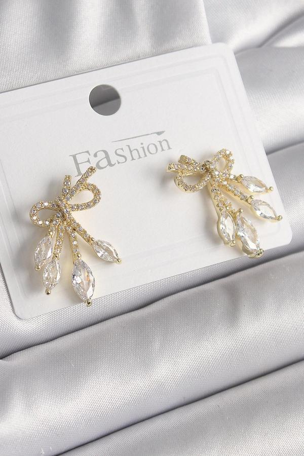 Pirinç Gold Renk Zirkon Taşlı Düğüm Model Damla Zirkon Taşlı Kadın Küpe - TJ-BKP9971 - Image 1
