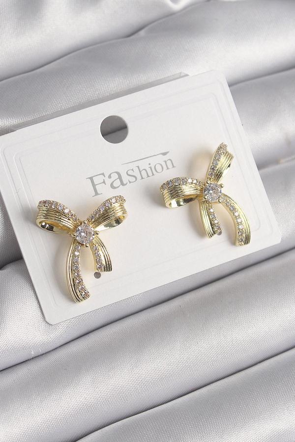 Pirinç Gold Renk Zirkon Taşlı Fiyonk Model Kadın Küpe - TJ-BKP9991 - Image 1