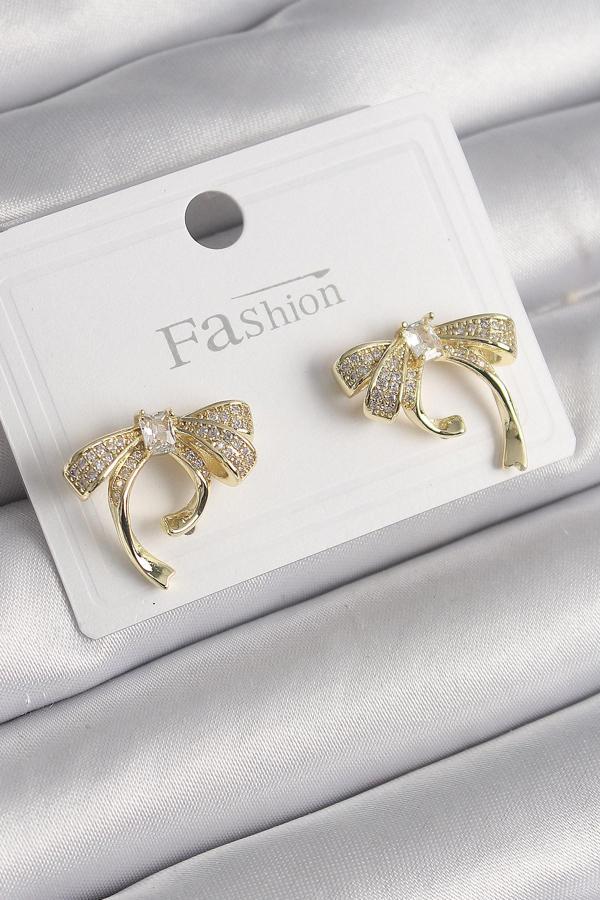 Pirinç Gold Renk Zirkon Taşlı Fiyonk Model Kadın Küpe - TJ-BKP9999 - Image 1