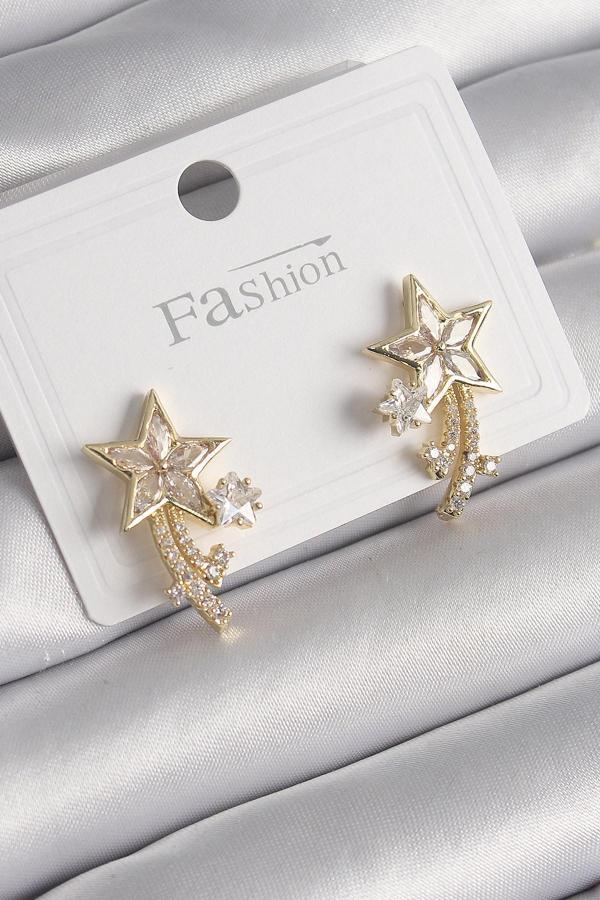 Pirinç Gold Renk Zirkon Taşlı Kuyruklu Yıldız Model Kadın Küpe - TJ-BKP9993 - Image 1