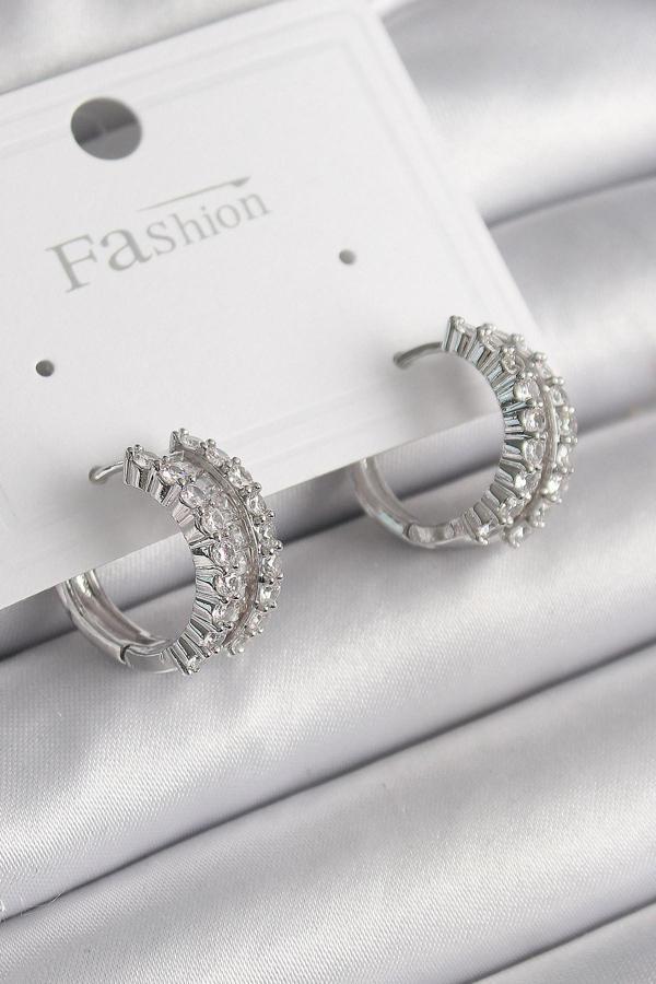 Pirinç Gümüş Renk Zirkon Taşlı Halka Model Kadın Küpe - TJ-BKP9966 - Image 1