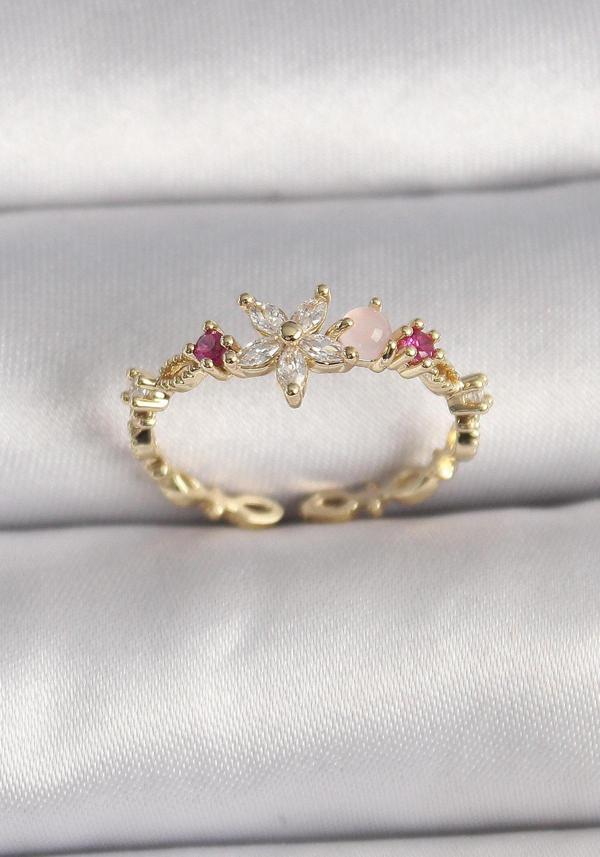 Pirinç Gold Renk Zirkon Taşlı Çiçek Model Ayarlanabilir Yüzük - TJ-BYK3563 - Image 1