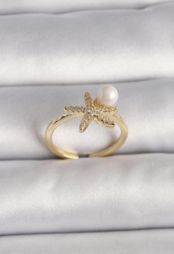 Pirinç Gold Renk Zirkon Taşlı Deniz Yıldızı Model İnci Detay Ayarlababilir Yüzük - TJ-BYK3549 - Image 1
