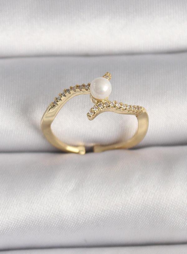 Pirinç Gold Renk Zirkon Taşlı İncili Ayarlanabilir Yüzük - TJ-BYK3547 - Image 1