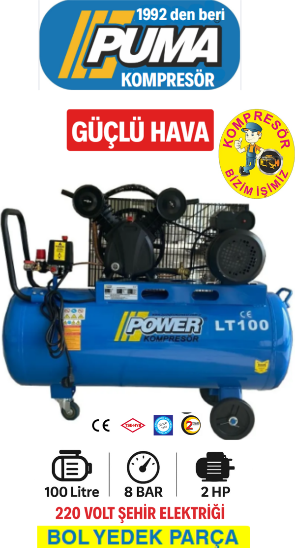 POWER 100 Litre. 2 Hp 220 Volt 8 Bar Pistonlu Kompresör Uyumlu - Image 1