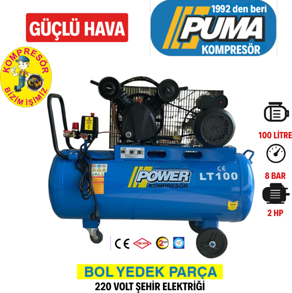 POWER 100 Litre. 2 Hp 220 Volt 8 Bar Pistonlu Kompresör Uyumlu - Image 1