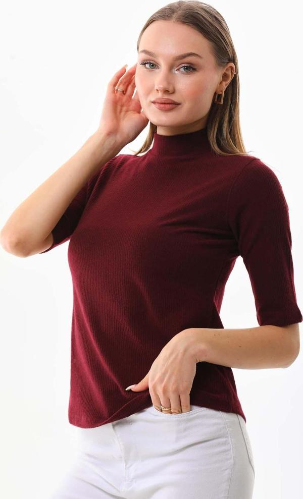 Sistas Kadın Yarım Kol Yarım Balıkçı Yaka Bluz 20623 Bordo - Image 1