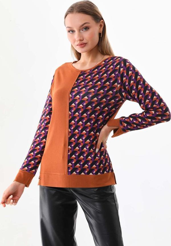 Sistas Kadın Desenli Bisiklet Yaka Uzun Kol Bluz 23592 Camel - Image 1