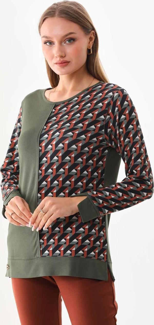 Sistas Kadın Desenli Bisiklet Yaka Uzun Kol Bluz 23592 Haki - Image 1