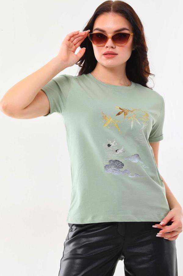 Sistas Kadın Desenli Bisiklet Yaka Kısa Kol Pamuklu Bluz 23056 Çağla - Image 1