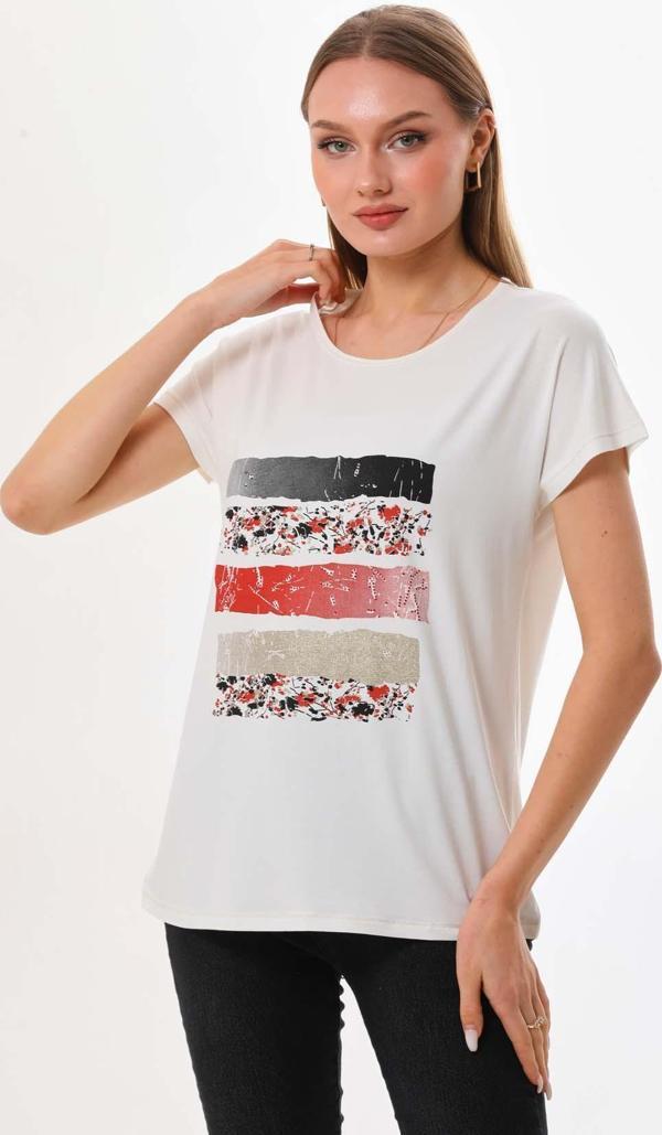Sistas Kadın Desenli Bisiklet Yaka Kısa Kol Bluz 23057 Ekru - Image 1