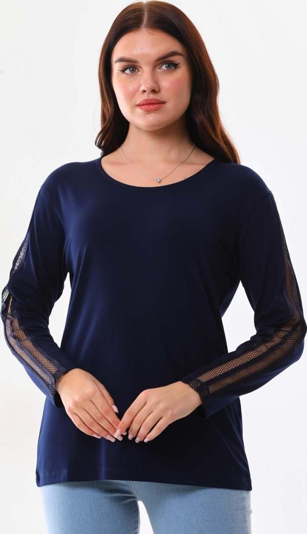Sistas Kadın Kolları Fileli Bisiklet Yaka Uzun Kol Bluz 20162 Lacivert - Image 1