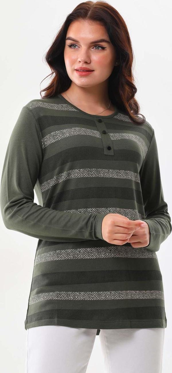 Sistas Kadın Desenli Bisiklet Yaka Uzun Kol Bluz 23596 Yeşil - Image 1