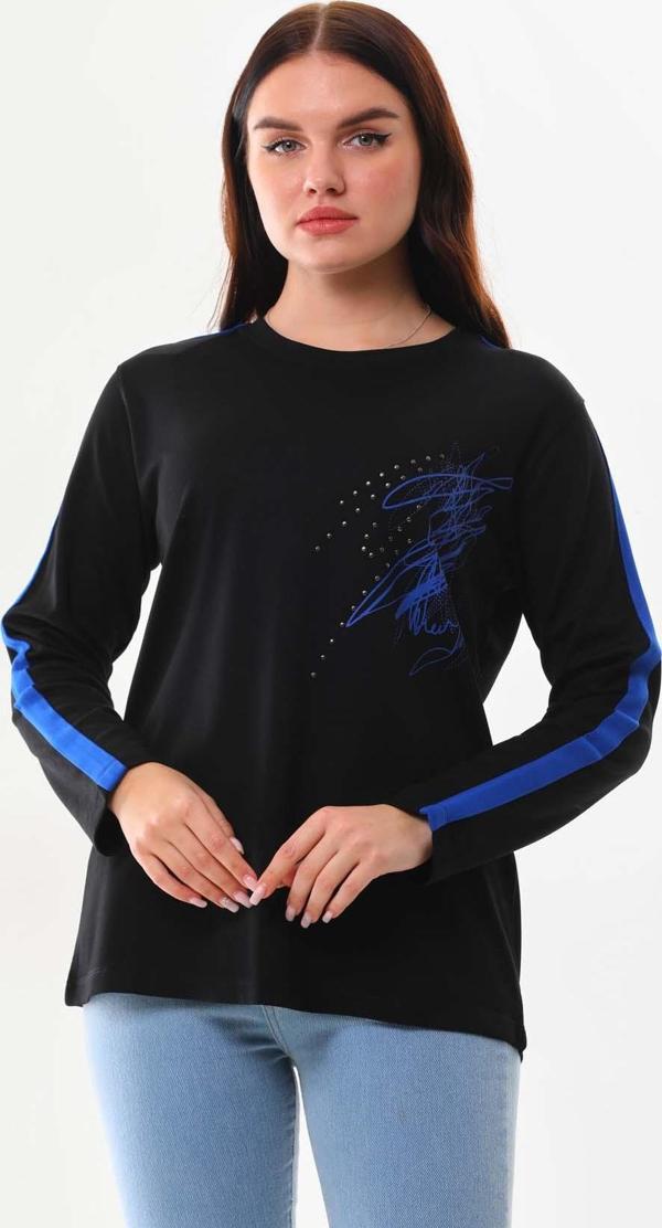 Sistas Kadın Desenli Bisiklet Yaka Uzun Kol Bluz 22689 Siyah - Image 1