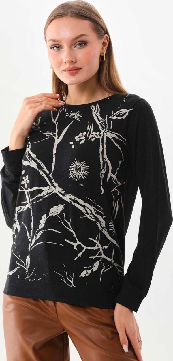 Sistas Kadın Desenli Bisiklet Yaka Uzun Kol Bluz 23508 Antrasit - Image 1