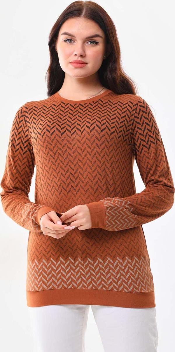 Sistas Kadın Desenli Bisiklet Yaka Uzun Kol Bluz 23597 Camel - Image 1
