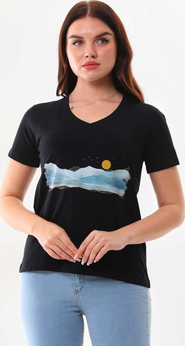 Sistas Kadın V Yaka Kısa Kol Pamuklu Bluz 23101 Siyah - Image 1