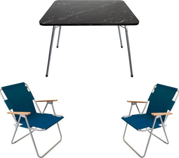 Bofigo 60x80 Granit Katlanır Masa + 2 Adet Katlanır Sandalye Kamp Seti Bahçe Balkon Takımı Mavi - Image 1