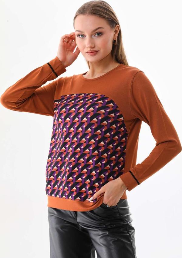 Sistas Kadın Desenli Uzun Kol Bluz 23618 Camel - Image 1