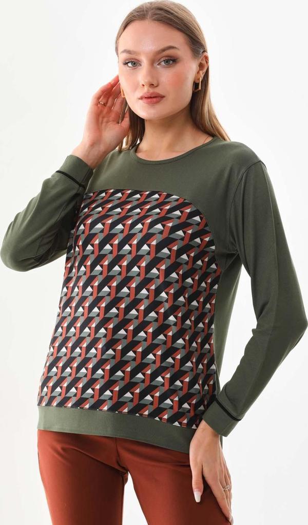 Sistas Kadın Desenli Uzun Kol Bluz 23618 Yeşil - Image 1