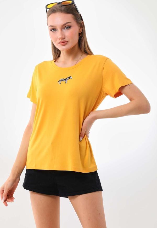 Sistas Kadın Zebra Desenli Kısa Kol Bluz 23118 Sarı - Image 1