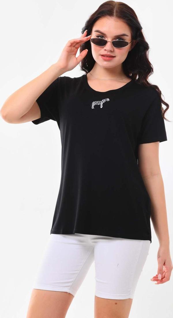 Sistas Kadın Zebra Desenli Kısa Kol Bluz 23118 Siyah - Image 1