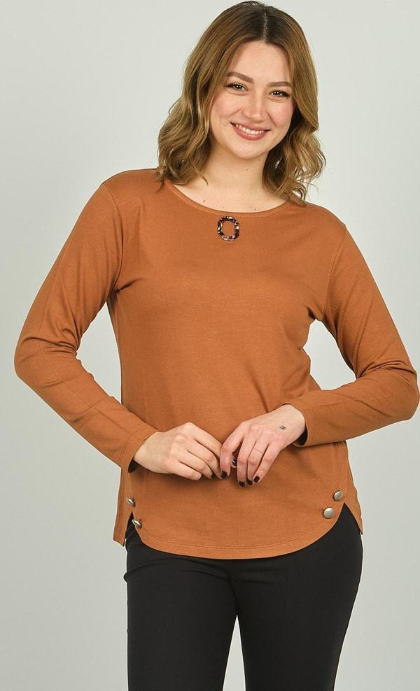 Sistas Kadın Süs Düğmeli Uzun Kol Bluz 23538 Camel - Image 1
