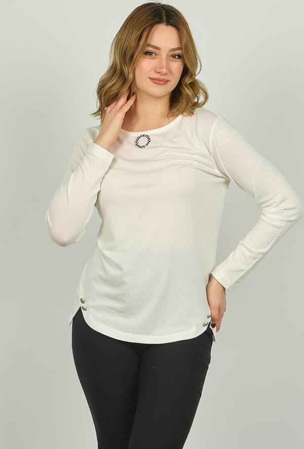 Sistas Kadın Süs Düğmeli Uzun Kol Bluz 23538 Ekru - Image 1