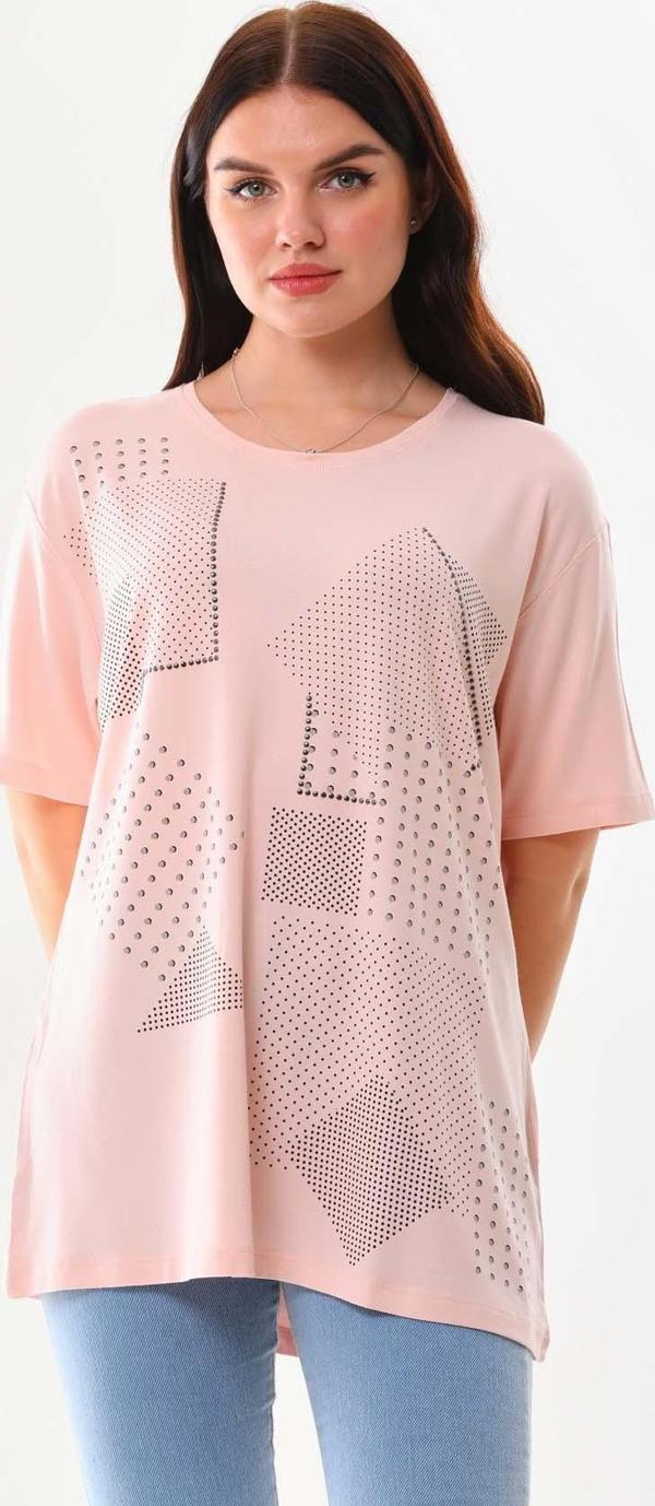 Sistas Kadın Desenli Bisiklet Yaka Kısa Kol Bluz 20405 Pudra - Image 1