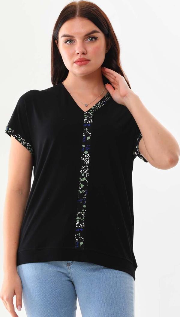 Sistas Kadın Desenli V Yaka Kısa Kol Bluz 23151 Siyah - Image 1