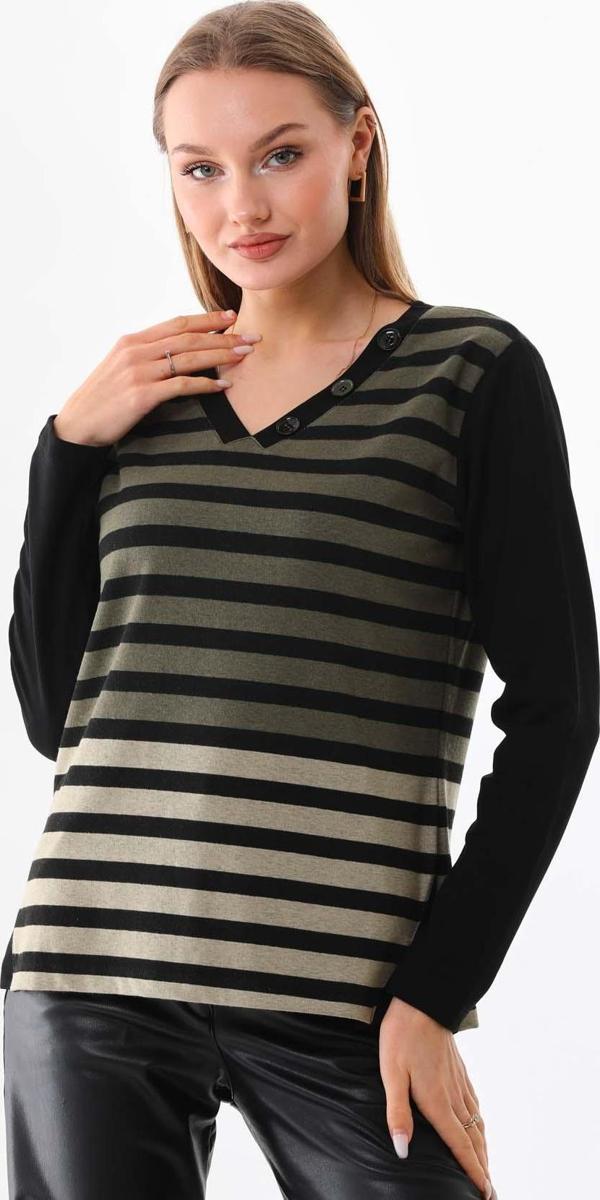 Sistas Kadın Çizgili Yandan Yırtmaçlı V Yaka Bluz 23558 Yeşil - Image 1