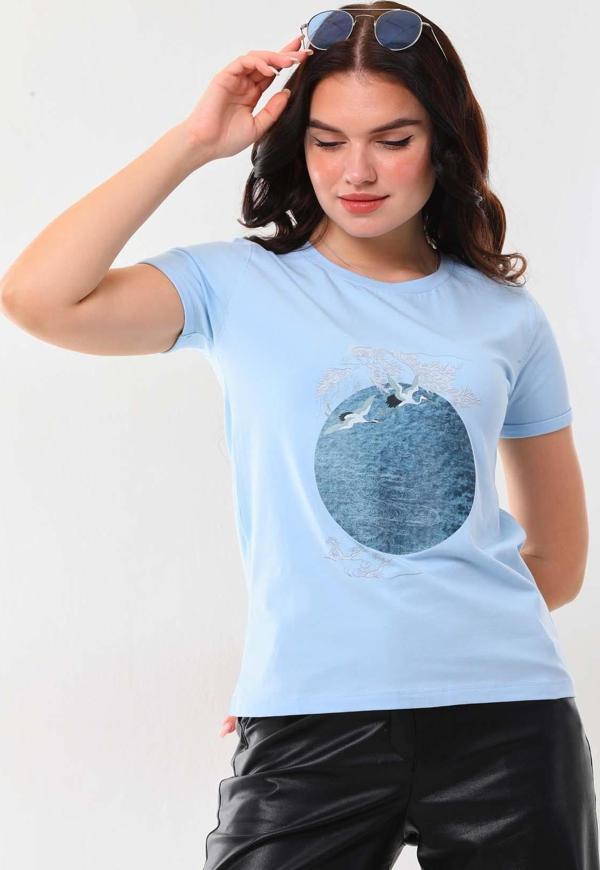 Sistas Kadın Pamuklu Baskı Detaylı Kısa Kol Bluz 23014 Mavi - Image 1