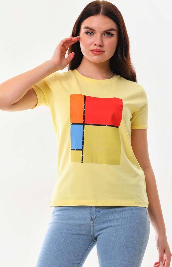 Sistas Kadın Pamuklu Baskı Detaylı Kısa Kol Bluz 23163 Sarı - Image 1