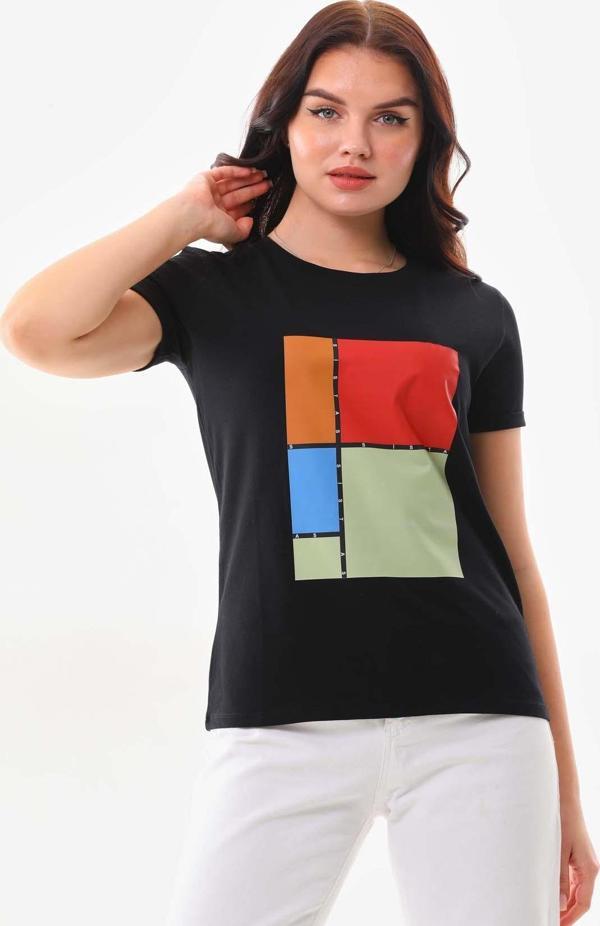 Sistas Kadın Pamuklu Baskı Detaylı Kısa Kol Bluz 23163 Siyah - Image 1