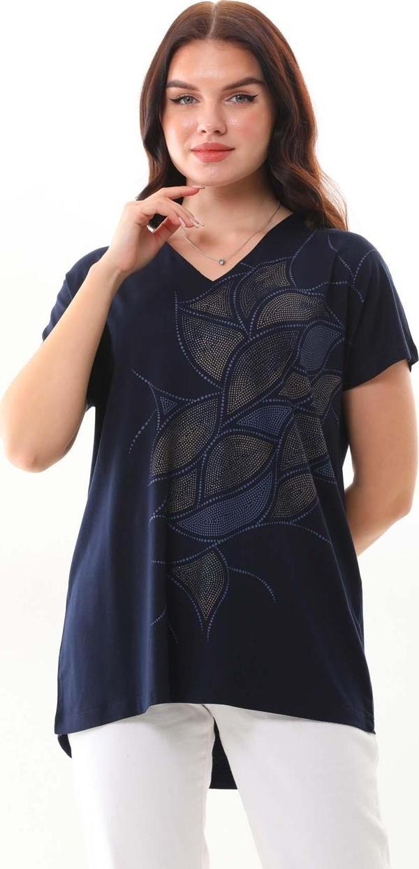 Sistas Kadın Simli Baskılı V Yaka Kısa Kol Bluz 23296 Lacivert - Image 1