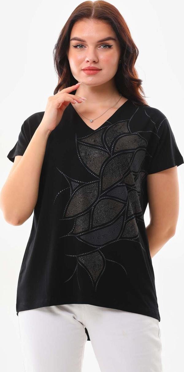Sistas Kadın Simli Baskılı V Yaka Kısa Kol Bluz 23296 Siyah - Image 1