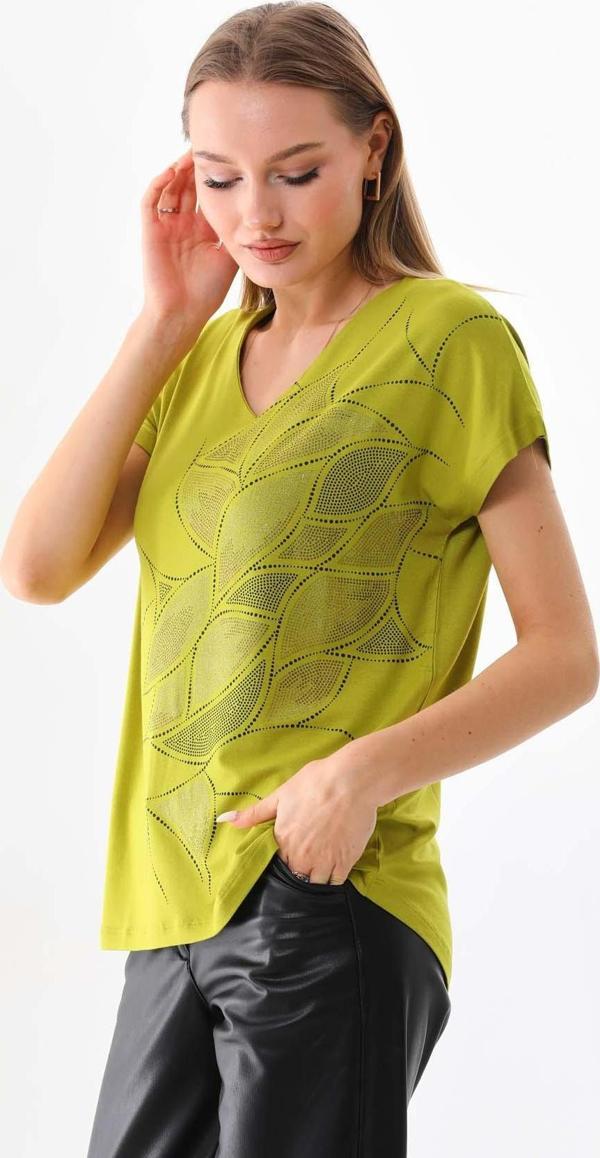 Sistas Kadın Simli Baskılı V Yaka Kısa Kol Bluz 23296 Yağ Yeşili - Image 1