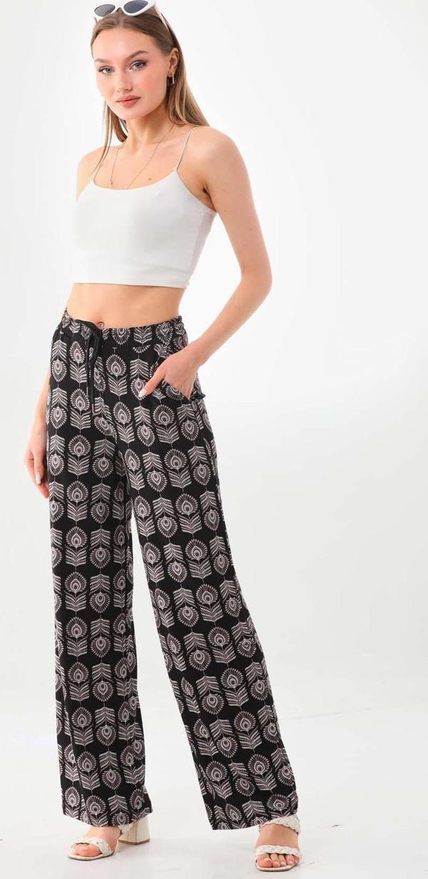 Sistas Kadın Belden Bağlamalı Desenli Rahat Form Pantolon 23397 Siyah - Image 1