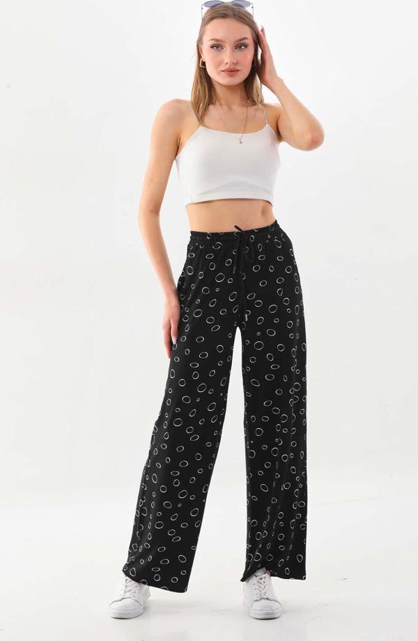 Sistas Kadın Desenli Belden Bağlamalı Rahat Form Pantolon 23498 Siyah - Image 1