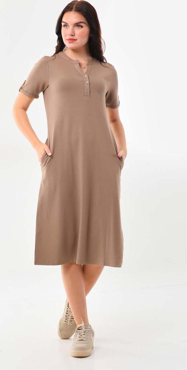 Sistas Kadın Çift Cepli Düğme Detaylı Midi Boy Elbise 23443 Vizon - Image 1