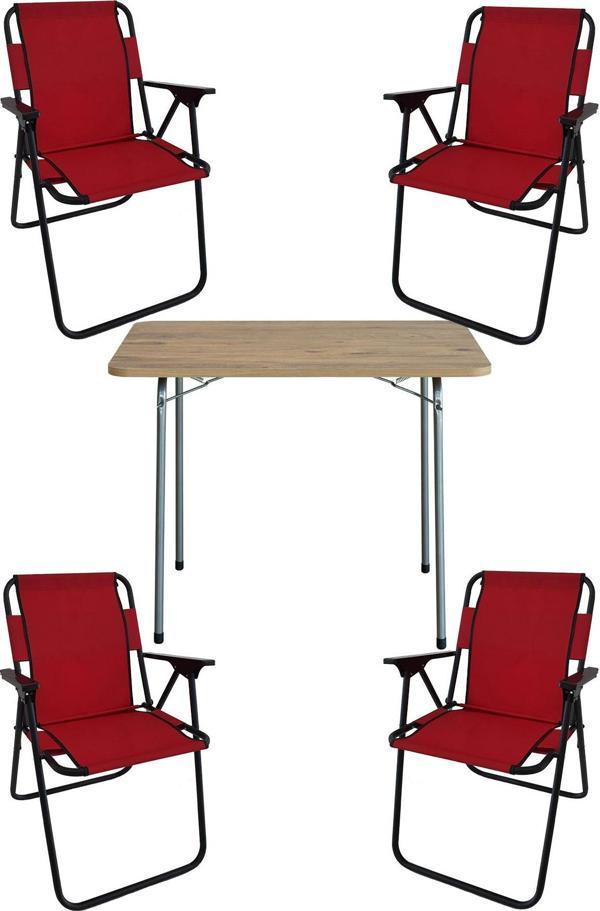 Bofigo 60X80 Çam Desenli Katlanır Masa + 4 Adet Katlanır Sandalye Kamp Seti Bahçe Takımı Kırmızı - Image 1